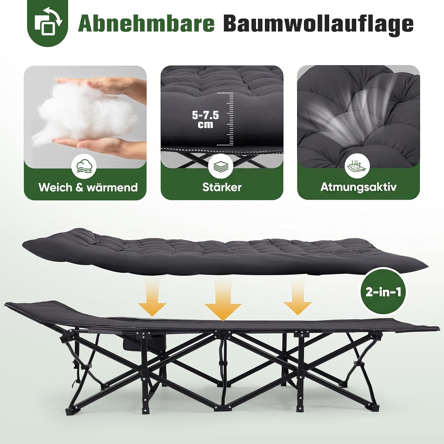 Detalle de Sekey Feldbett Klappbar XXXL 202 × 80 × 45 cm – extra großes Campingbett mit abnehmbarer Komfortmatratze