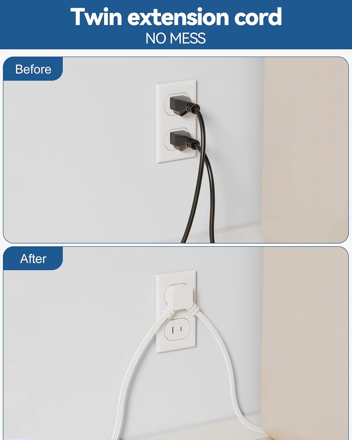 Detalle 1 de kakahigh 788 Split Extension Cord, 20-Foot, Flat Plug, 4 Outlets and USB-C