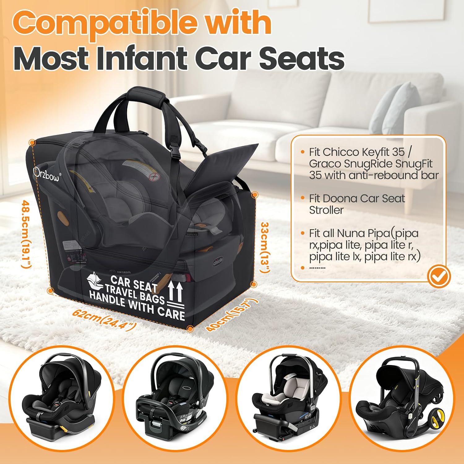 Detalle 2 de Orzbow Infant Car Seat Travel Backpack with 600D Oxford Fabric and Padded Protection