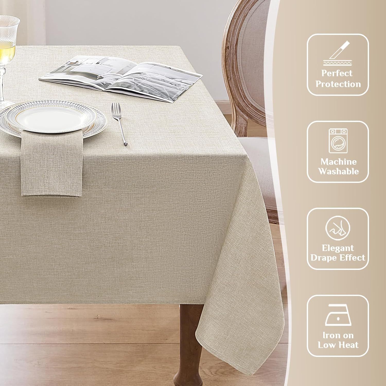 Detalle 2 de Softalker Tovaglia da Esterno 240 x 140 cm in Finto Lino – Beige, antimacchia e idrorepellente