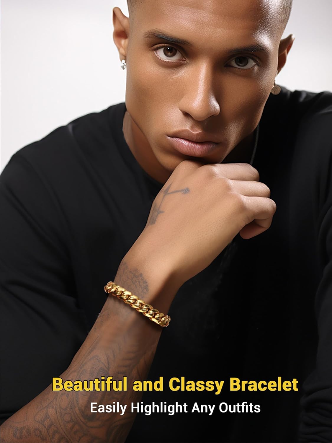 Thumbnail 4 de PROSTEEL Bracciale da Uomo in Acciaio Inossidabile Placcato Oro – Maglie Cubane, L 16/19/21 cm, 4,8–14 mm