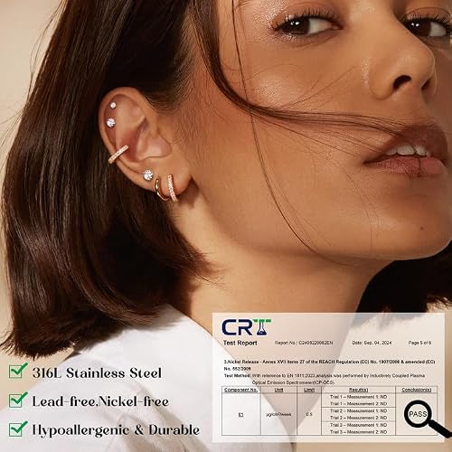 Detalle de Dochais Ohrringe Gold – 316L Chirurgenstahl Steckerstift, 18K Gold vergoldet, 7 Paar Huggie Creolen und Stecker