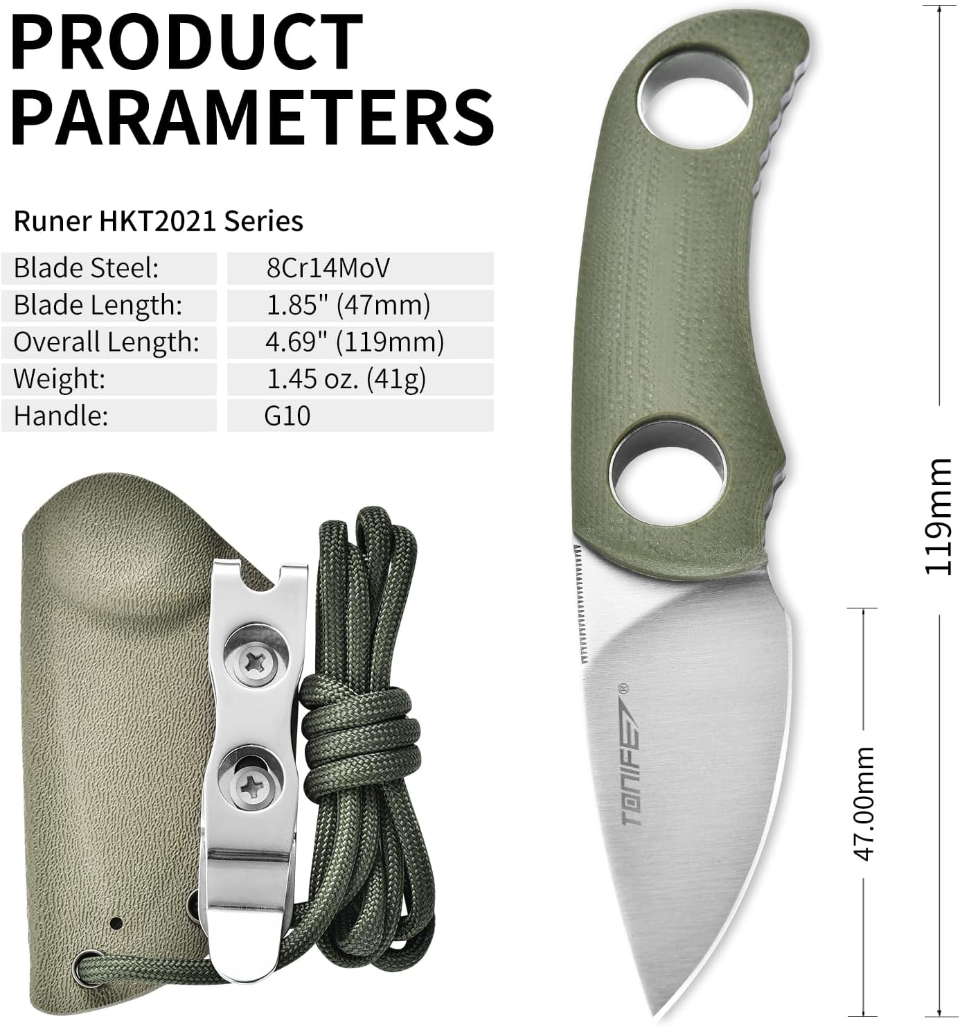 Detalle 2 de TONIFE Runer HKT2021 – nóż ze stałą głownią 47 mm, G10 i pochwą Kydex