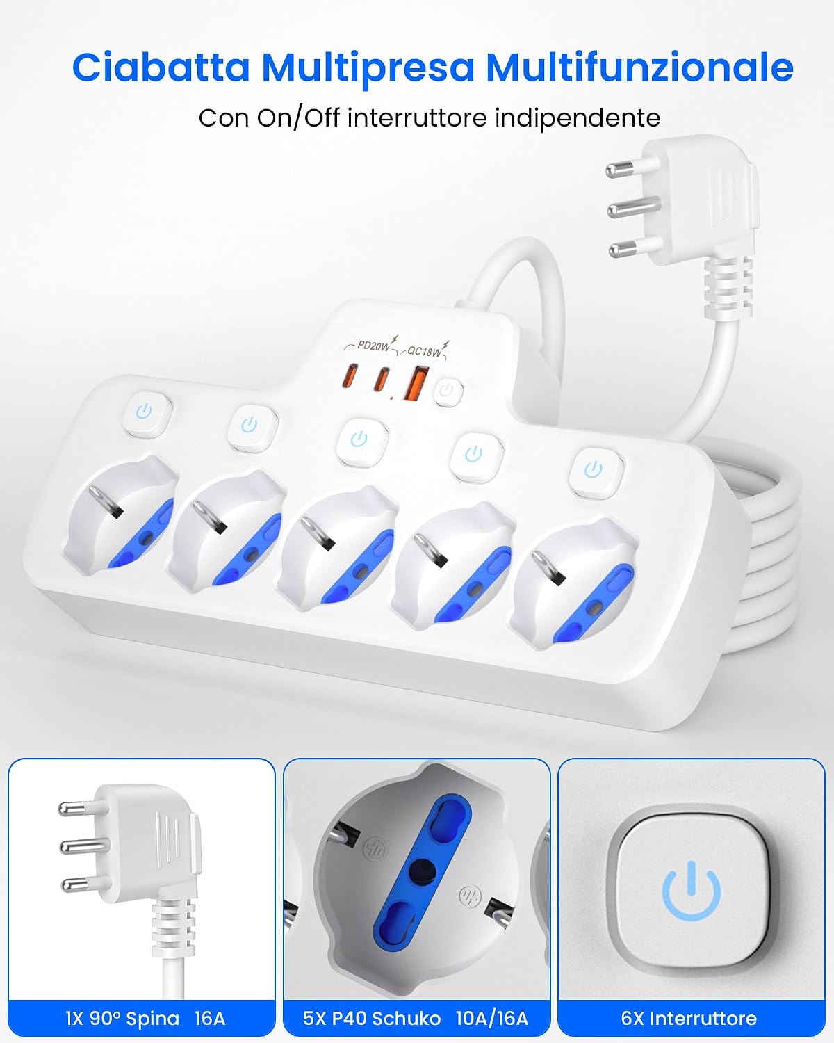 Detalle 2 de Ciabatta multipresa 5 posti con USB 1,5 m