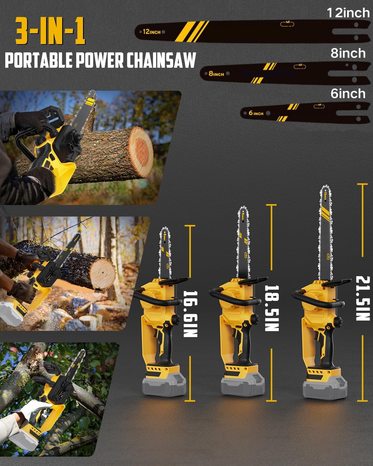 Detalle de Uniqwamo Electric Chainsaw, 3-in-1 1000W Cordless with 12, 8 and 6-inch Bars