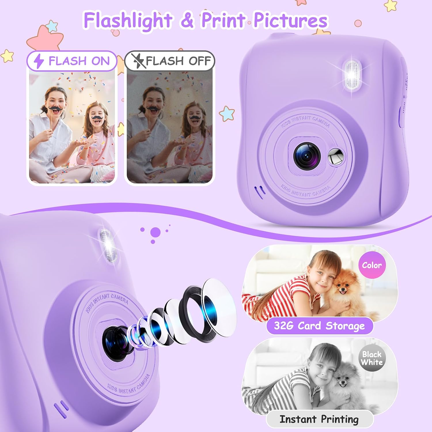 Thumbnail 6 de Hangrui Kinderkamera Sofortbildkamera (14 MP) mit 32-GB-Karte, Sofortdruck & 1080P – lila