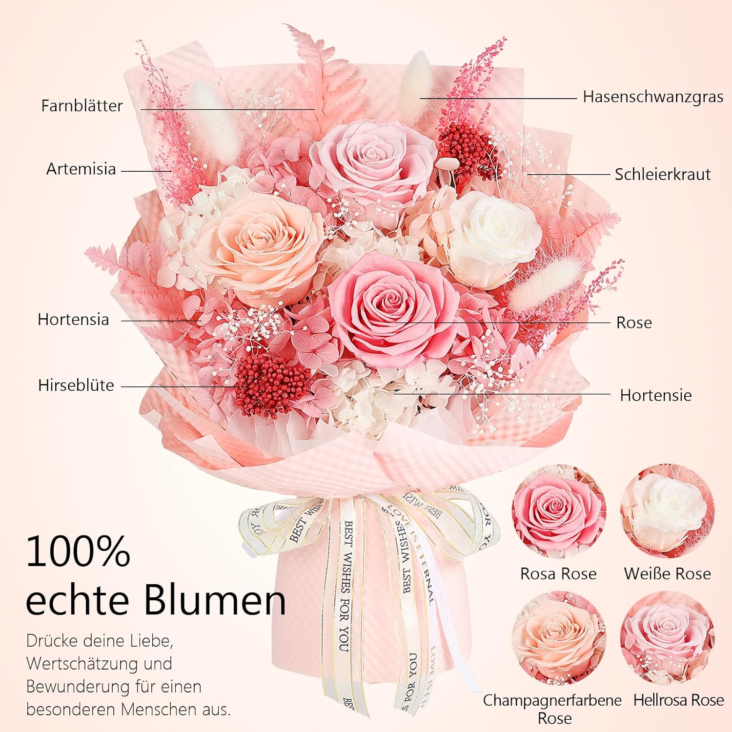 Thumbnail 3 de Ewige Rosen Strauß mit Vase – Rosa, 4 Übergroße Rosen, integrierte Vase