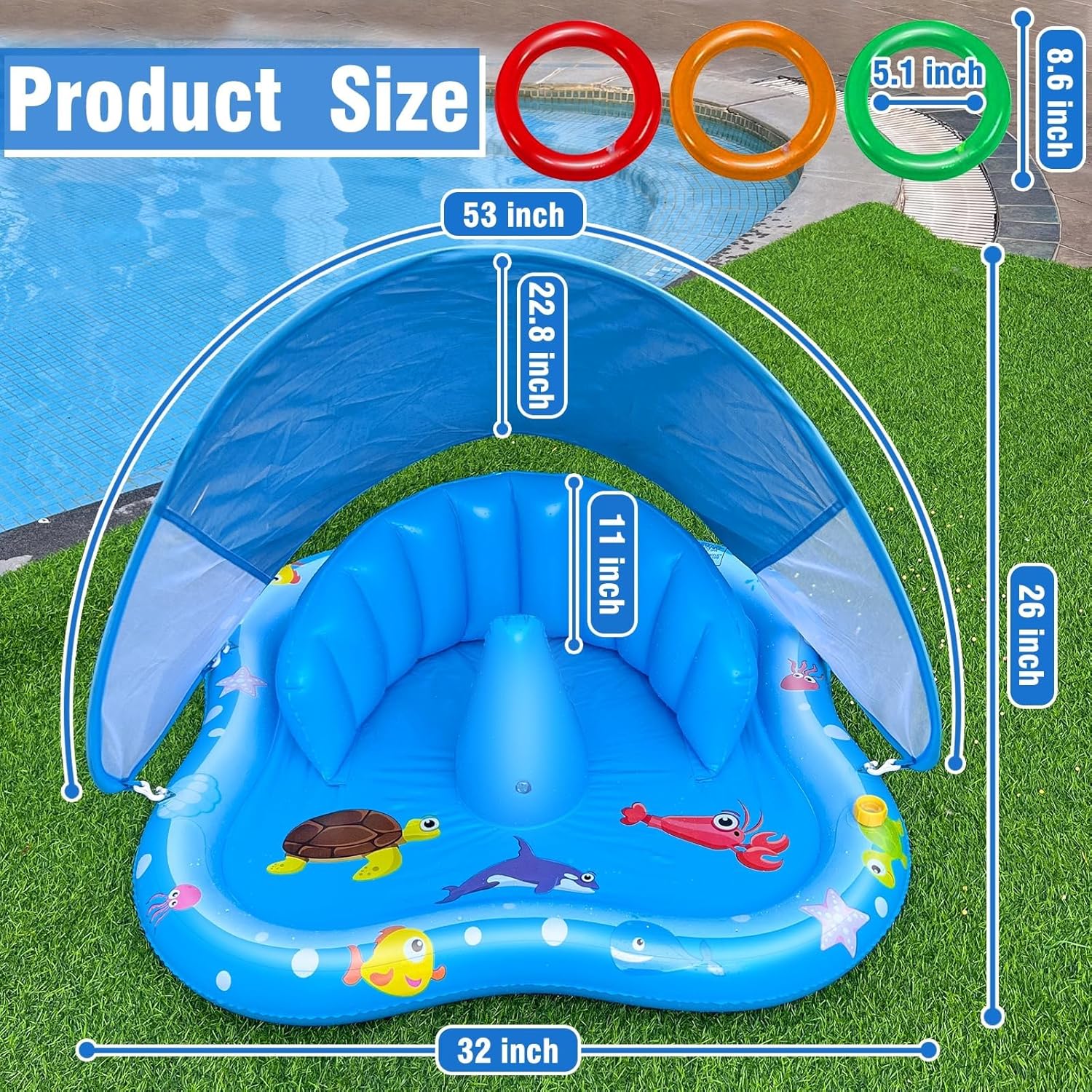 Thumbnail 5 de iGeeKid Baby Play Mat with Sprinkler (Inflatable Pool Float with Canopy & Stackable Rings)