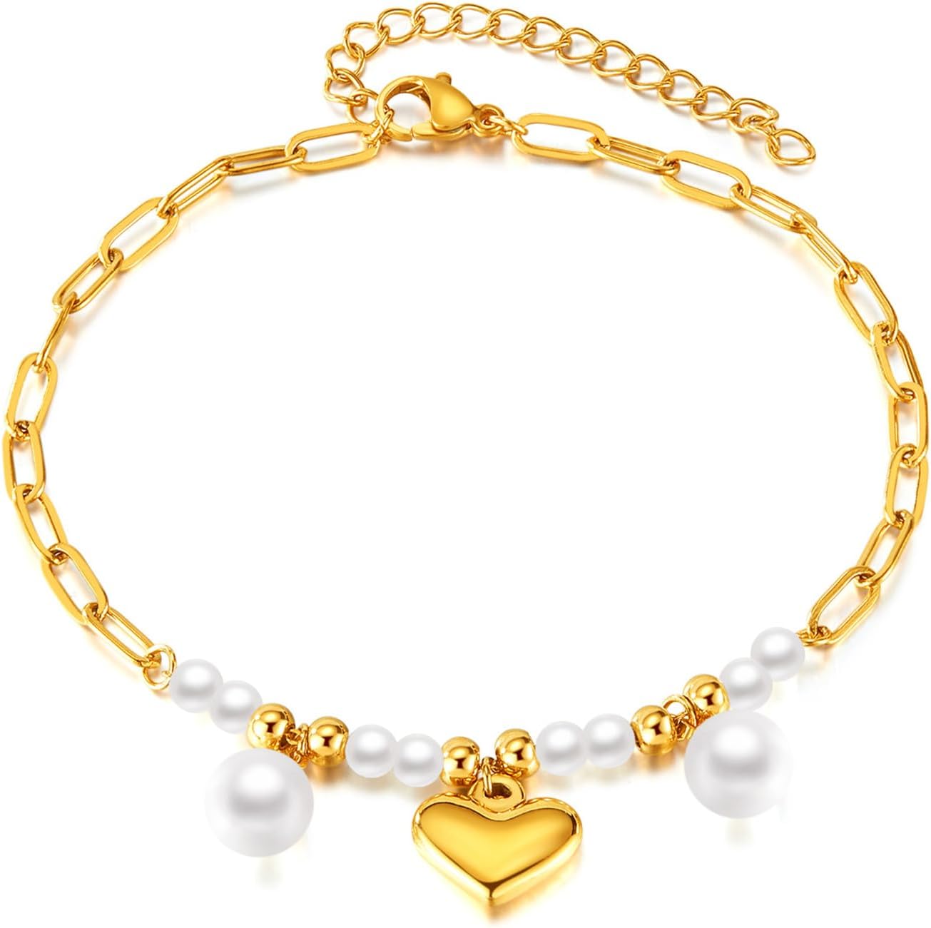 Detalle de Josfeva Damen-Fußkettchen in Gold-Optik mit Perlen-Herz-Anhänger, doppelte verstellbare Kette
