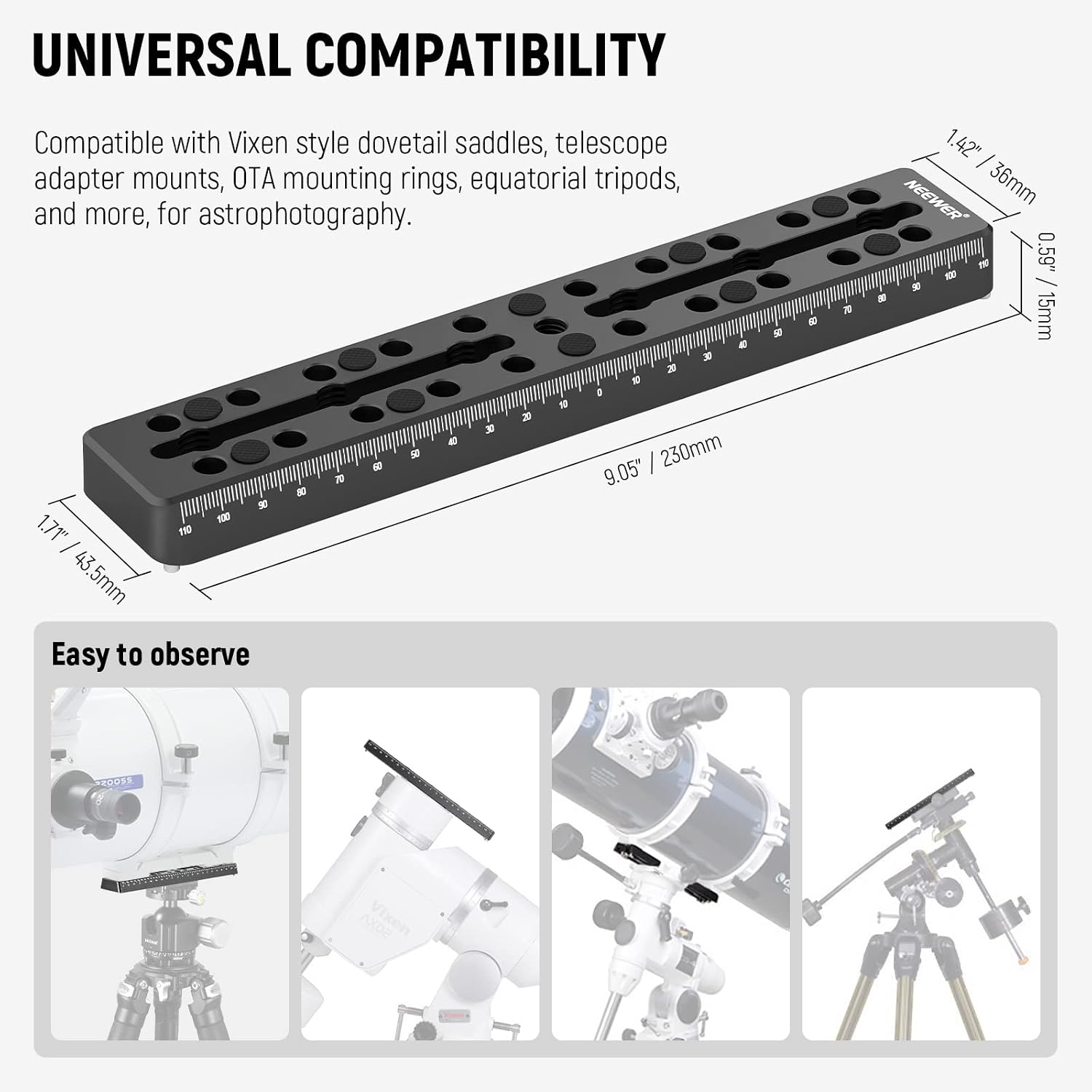 Detalle de NEEWER Barra di guida 230mm con piastra a coda di rondine stile Vixen e attacco metallo per telescopio/OTA QR003