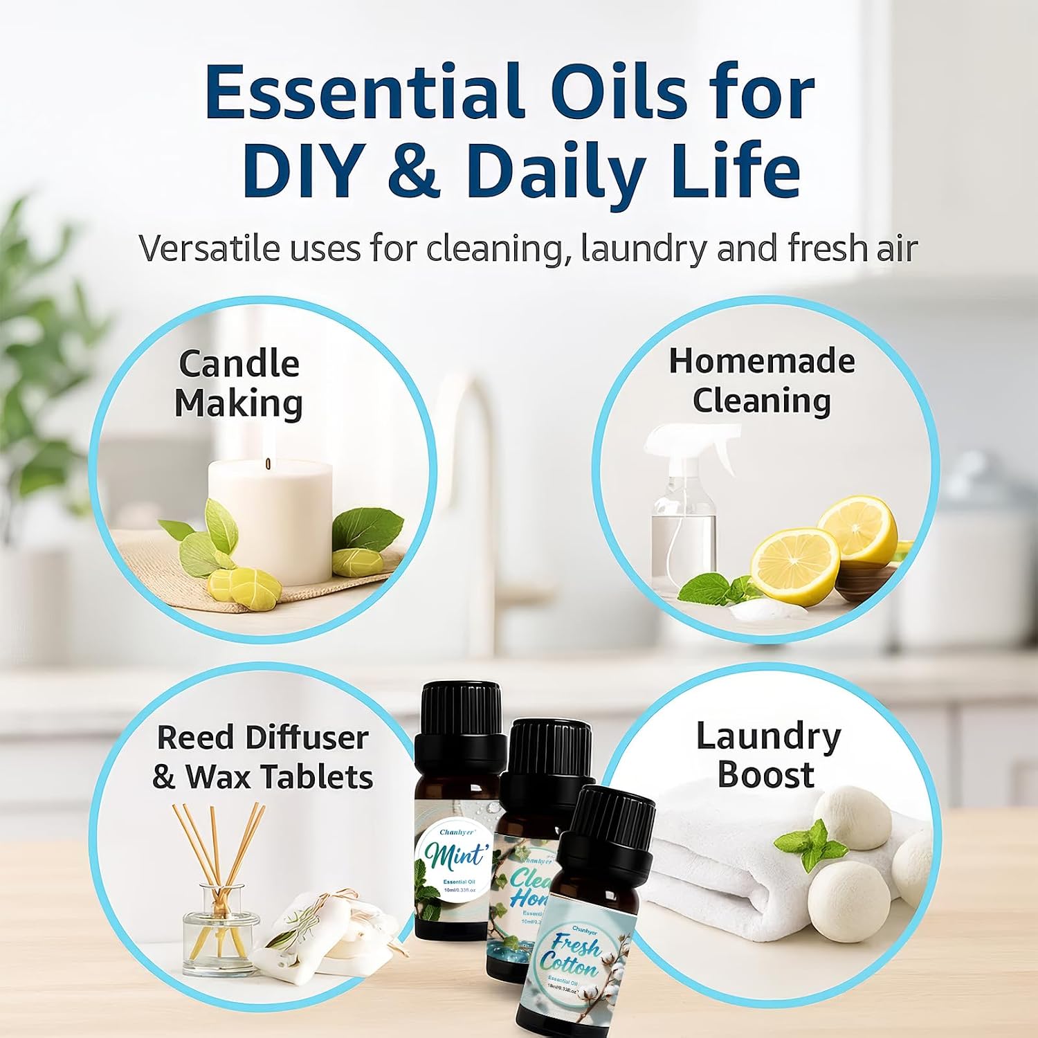 Detalle de Clean Essential Oils Set 6x10ml – Fresh Linen, Mint, Clean Home, Silken Breeze, Fresh Cotton, Floral Soap