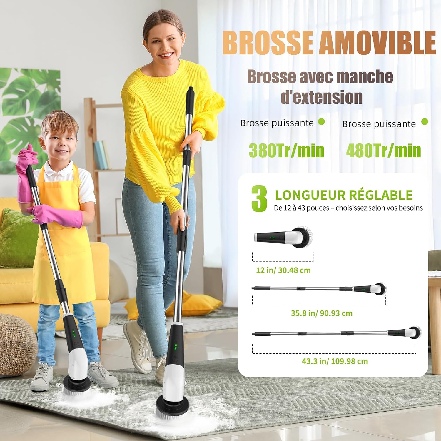 Detalle 2 de Brosse Électrique Nettoyage Rotative YKYI — 8 têtes, IPX7, sans fil, manche extensible