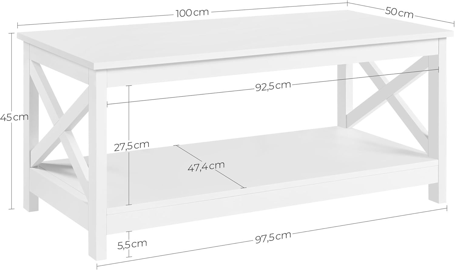 Thumbnail 2 de Yaheetech Tavolino da caffè basso da salotto con 2 ripiani in MDF e piano inferiore grande, bianco 100 x 50 x 45 cm