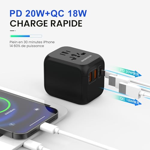 Detalle de Adaptateur de Voyage Universel MAOMAOCON PD20W — 2 USB-A, 1 USB-C et Prise AC, 4 appareils en même temps
