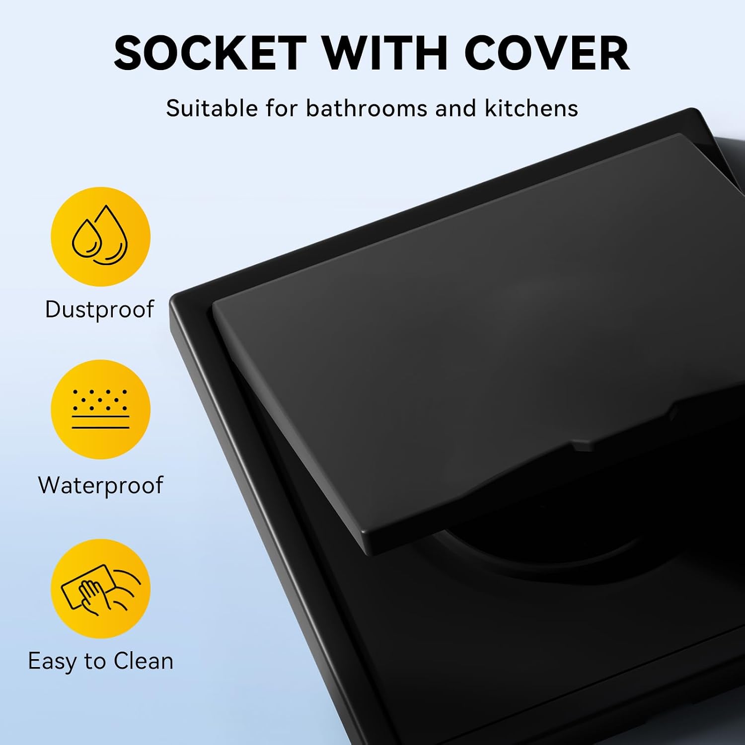 Detalle 2 de BSEEDLIFE Schuko Unterputz-Steckdose mit wasserdichter Abdeckung, 1-fach, Schwarz (16 A, 80×80 mm, EU-Standard)