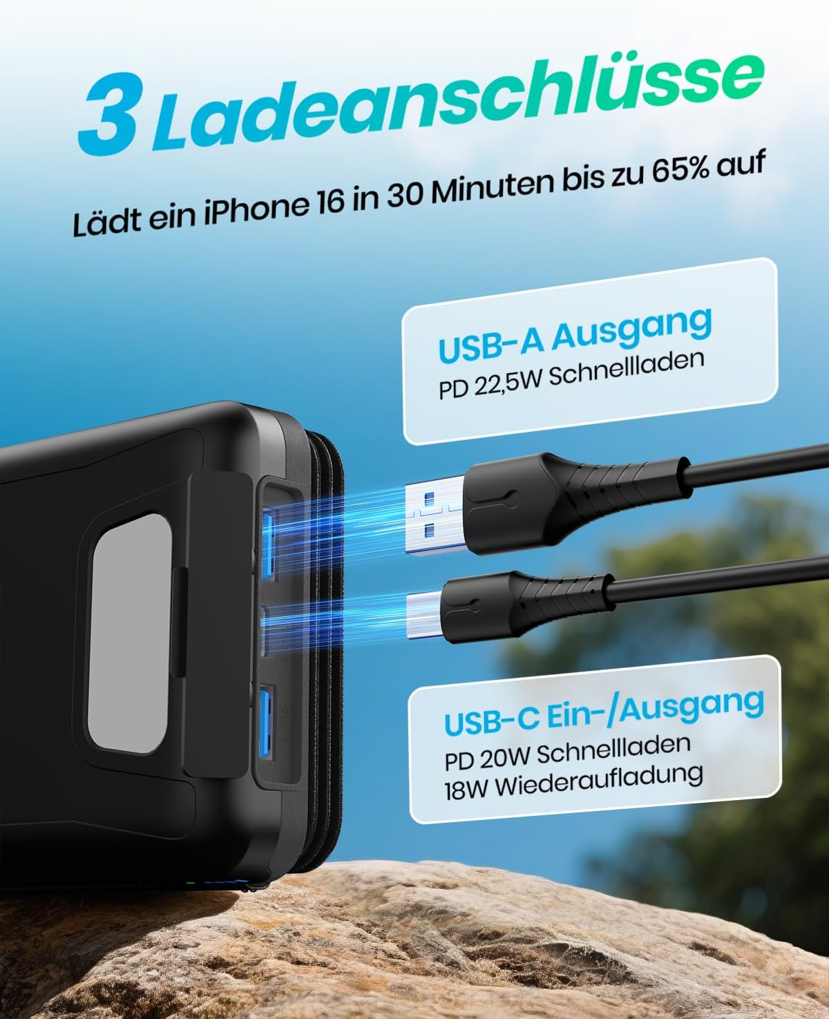 Detalle de Solar Powerbank 20000mAh – A ADDTOP Solar Ladegerät mit 22,5W Schnellladung, 4 faltbaren Solarpanels und USB-C/USB-A
