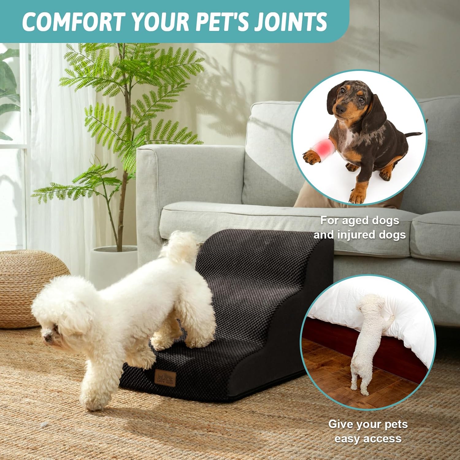 Detalle de COZY KISS Curved Dog Stairs for Small Dogs – 3 Step with Leakproof Cover