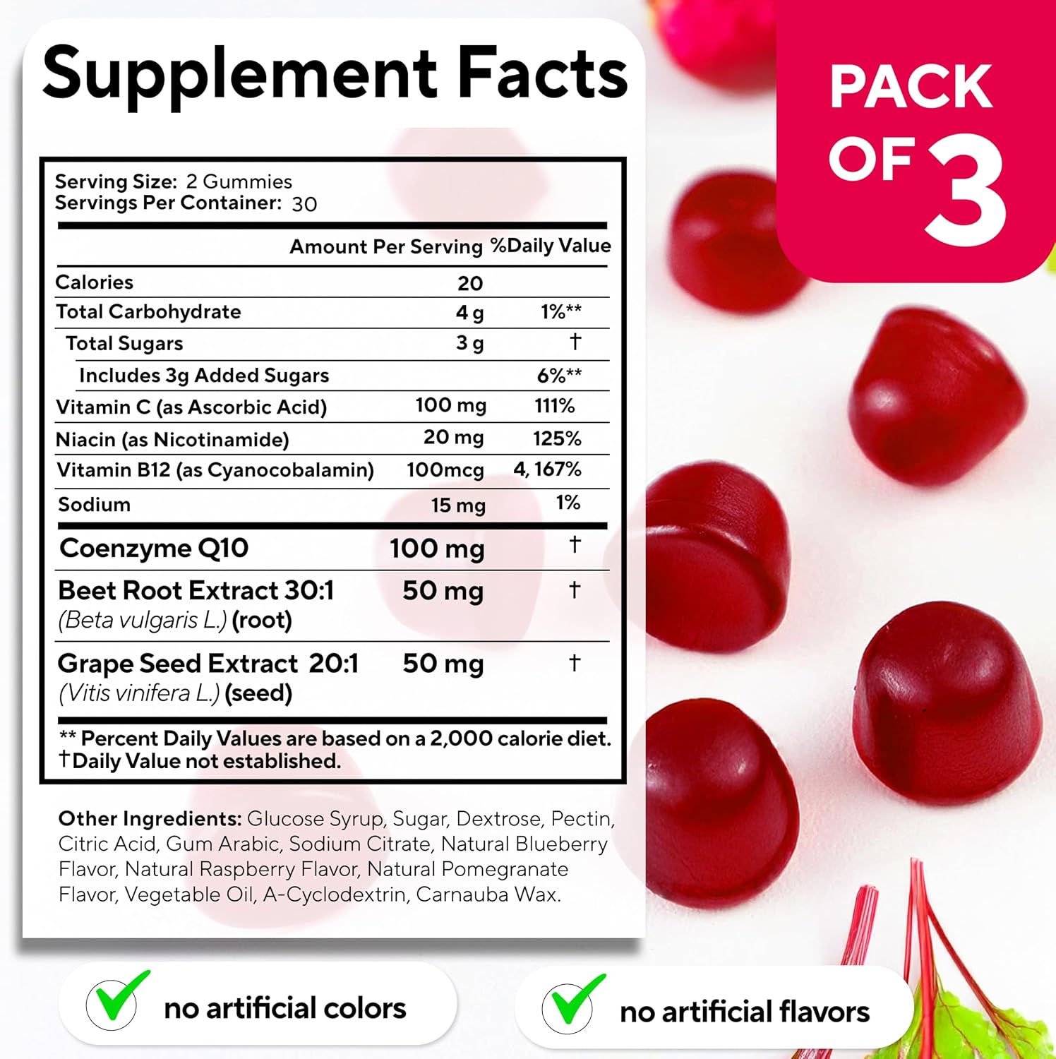 Detalle de VitaUp Beet Root Gummies with CoQ10, Grape Seed and Vitamins C, B12 & B3