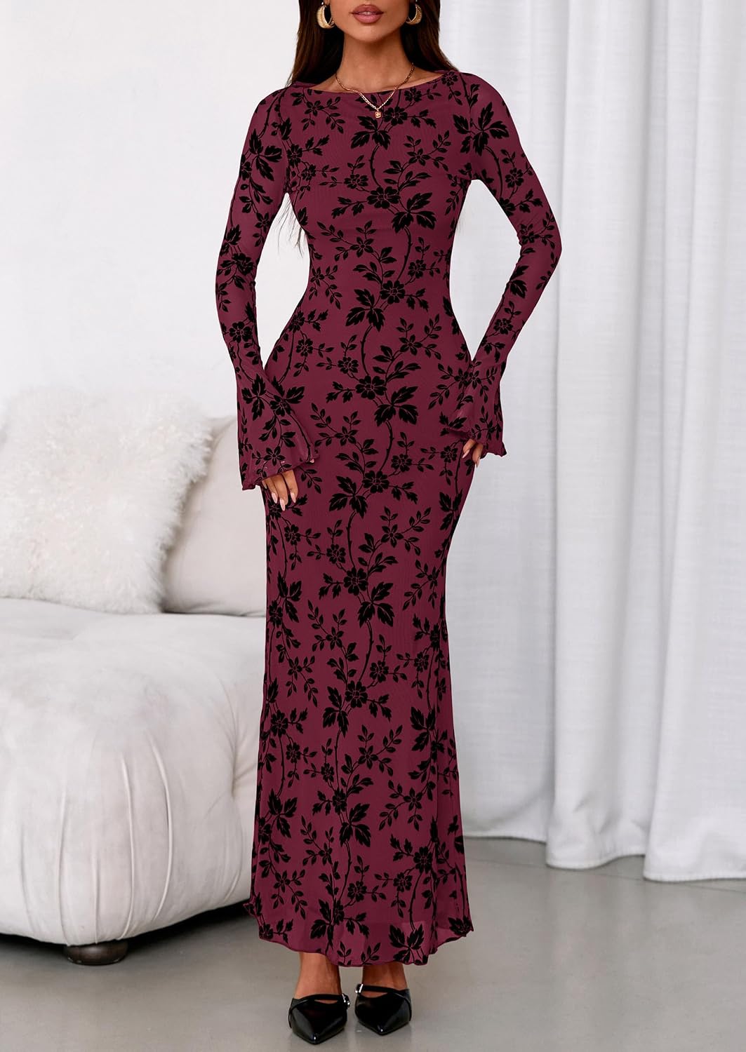 Detalle de PRETTYGARDEN Floral Bodycon Maxi Dress, Boat Neck, Long Sleeve Mesh