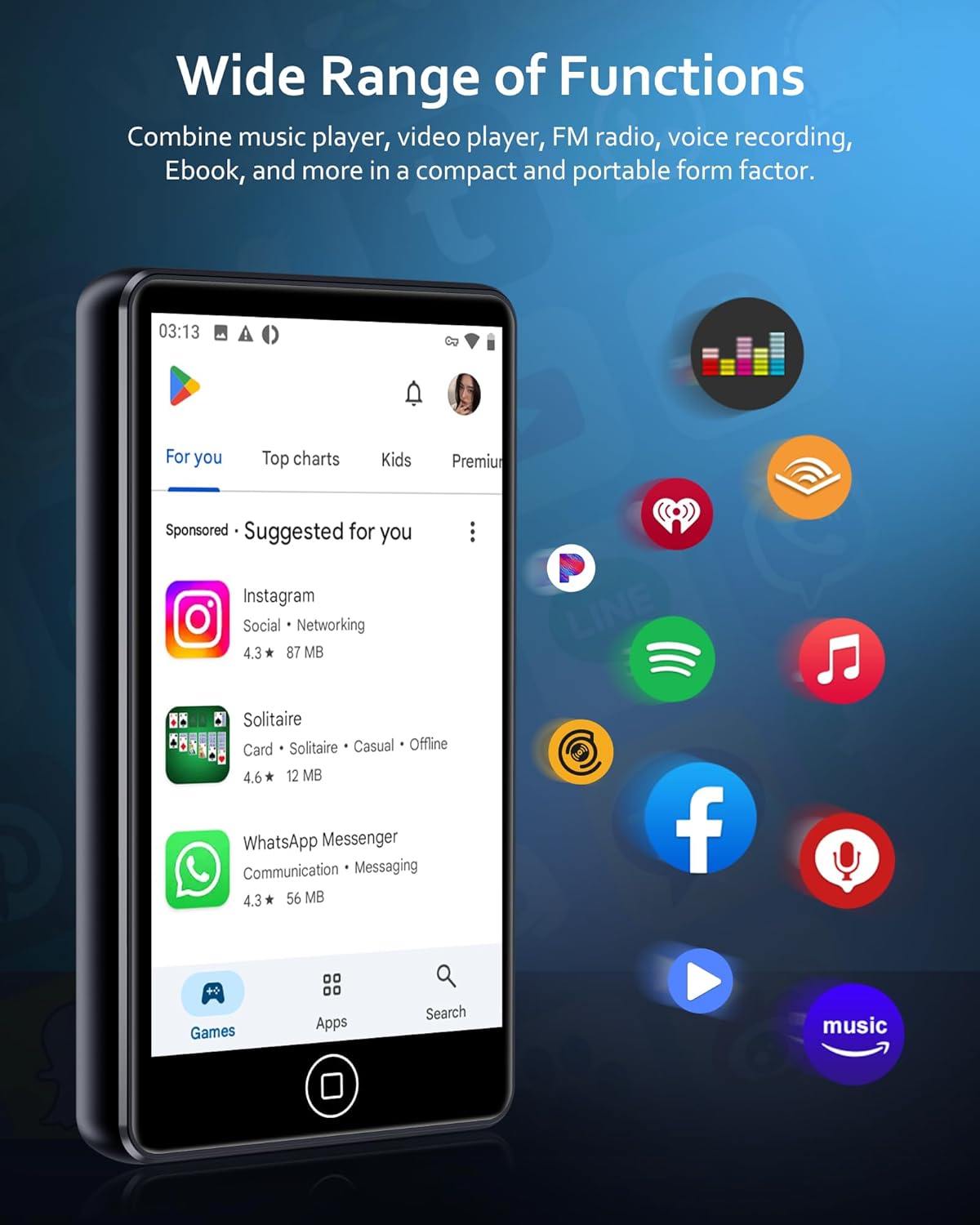 Thumbnail 1 de AGXOV Lettore MP3 con Spotify, Bluetooth e WiFi da 80 GB, schermo touchscreen da 4,02”