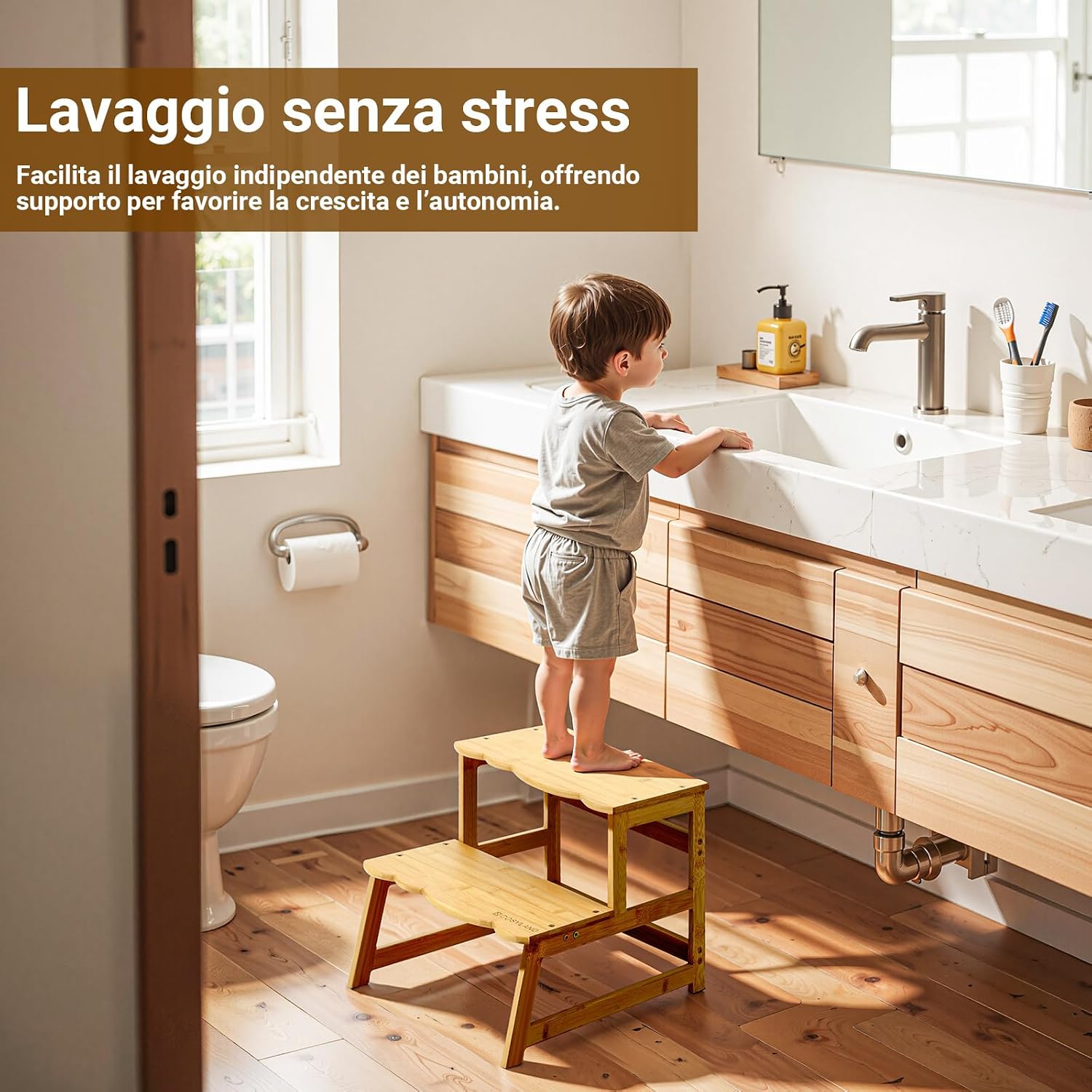 Thumbnail 6 de COSYLAND Torre Montessoriana per Bambini 2 in 1 – Sicurezza e Versatilità in Bamboo Naturale