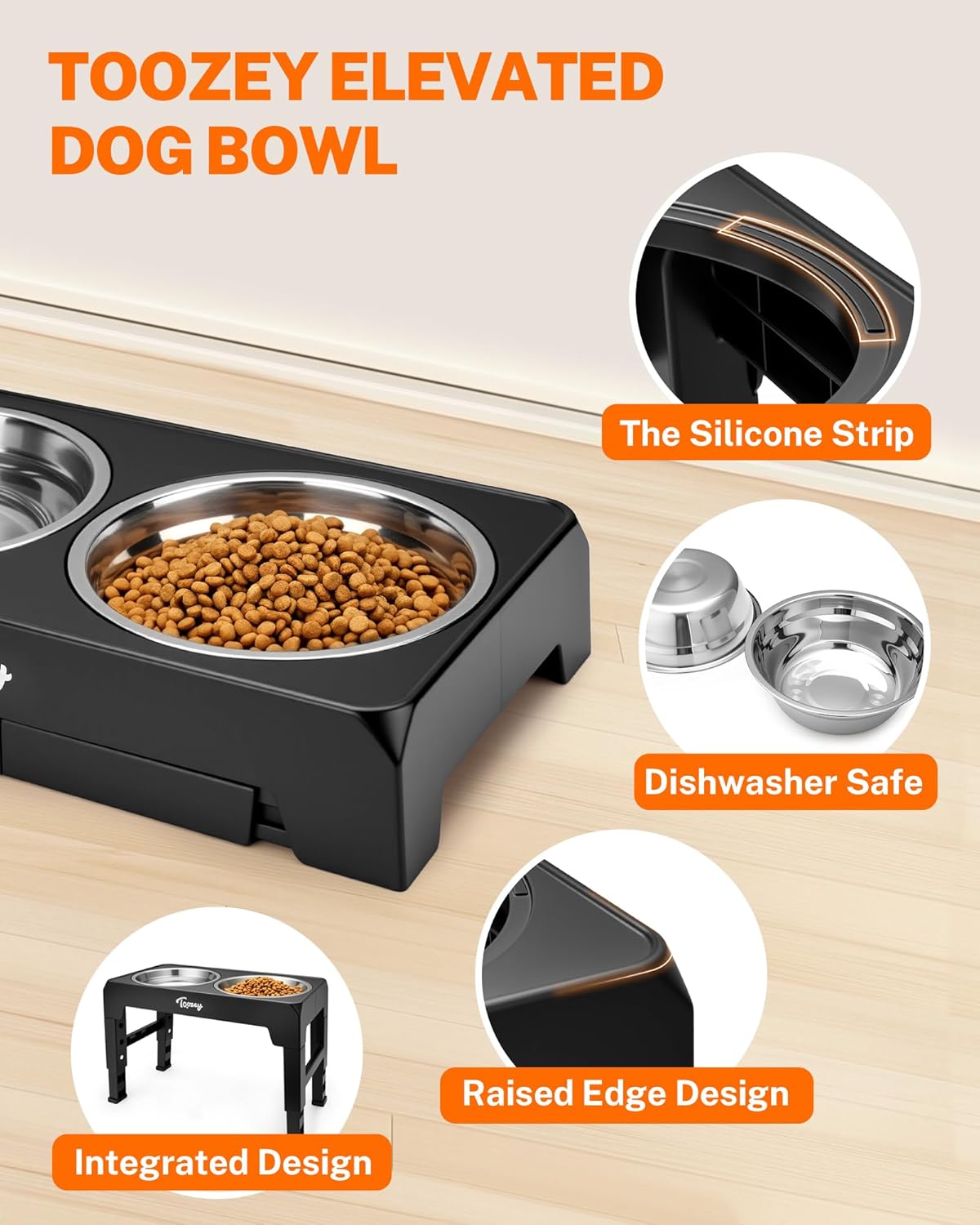 Thumbnail 3 de Toozey Height-Adjustable Raised Dog Bowls with 2x 1200ml Stainless Steel Bowls (Black)