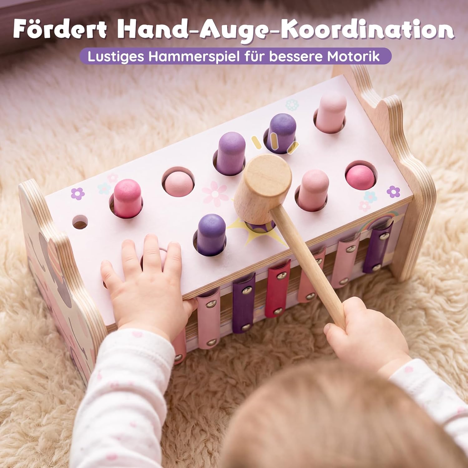 Detalle de Lehoo Castle Montessori Spielzeug ab 1 Jahr – Hammerspiel mit Xylophon & Zahnrädern (Holz) inkl. Aufbewahrung
