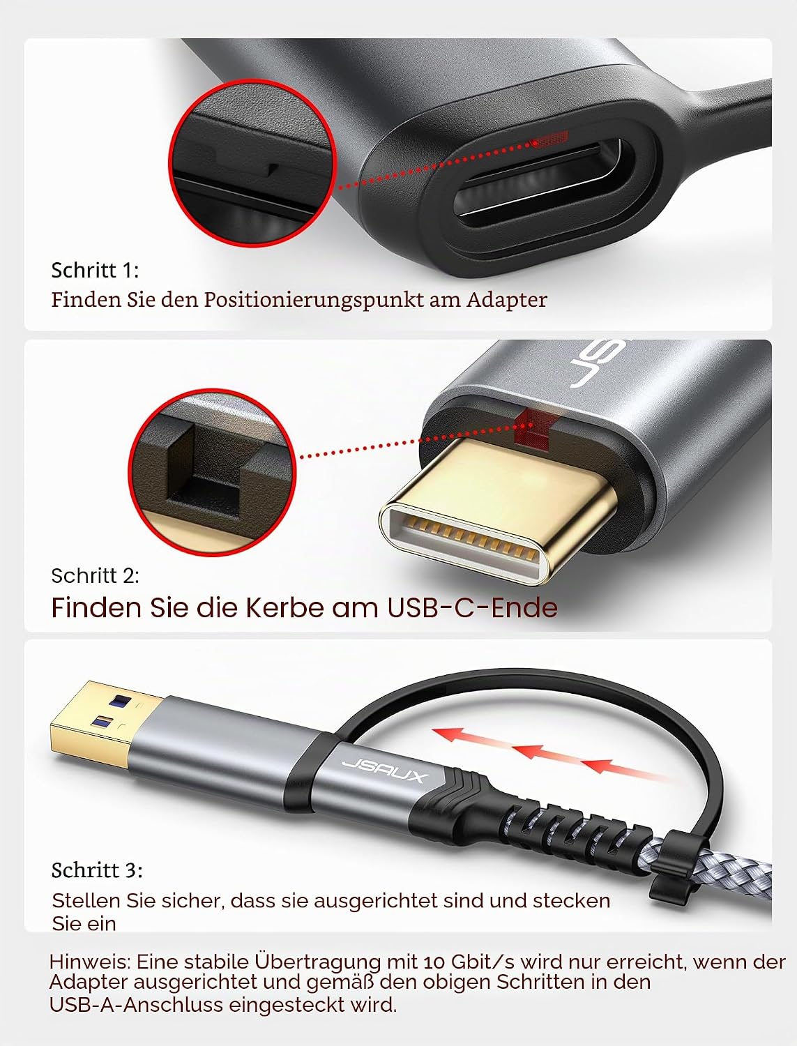 Detalle de JSAUX USB 3.0/C auf Micro B Kabel (0,5 m) mit USB-A Adapter – bis zu 20 Gbit/s
