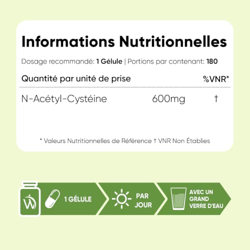 Detalle de WeightWorld NAC N-Acetyl-Cystéine 600 mg en gélules — Vegan, 180 gélules (6 mois)