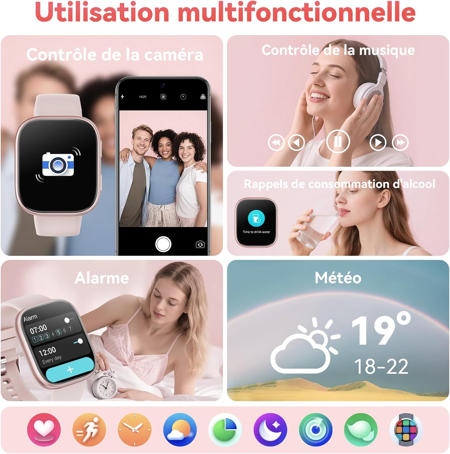 Detalle 2 de Mingtawn Montre Connectée Rose – Appels Bluetooth, 1,83'' HD, 100+ Modes Sportifs et Suivi Santé