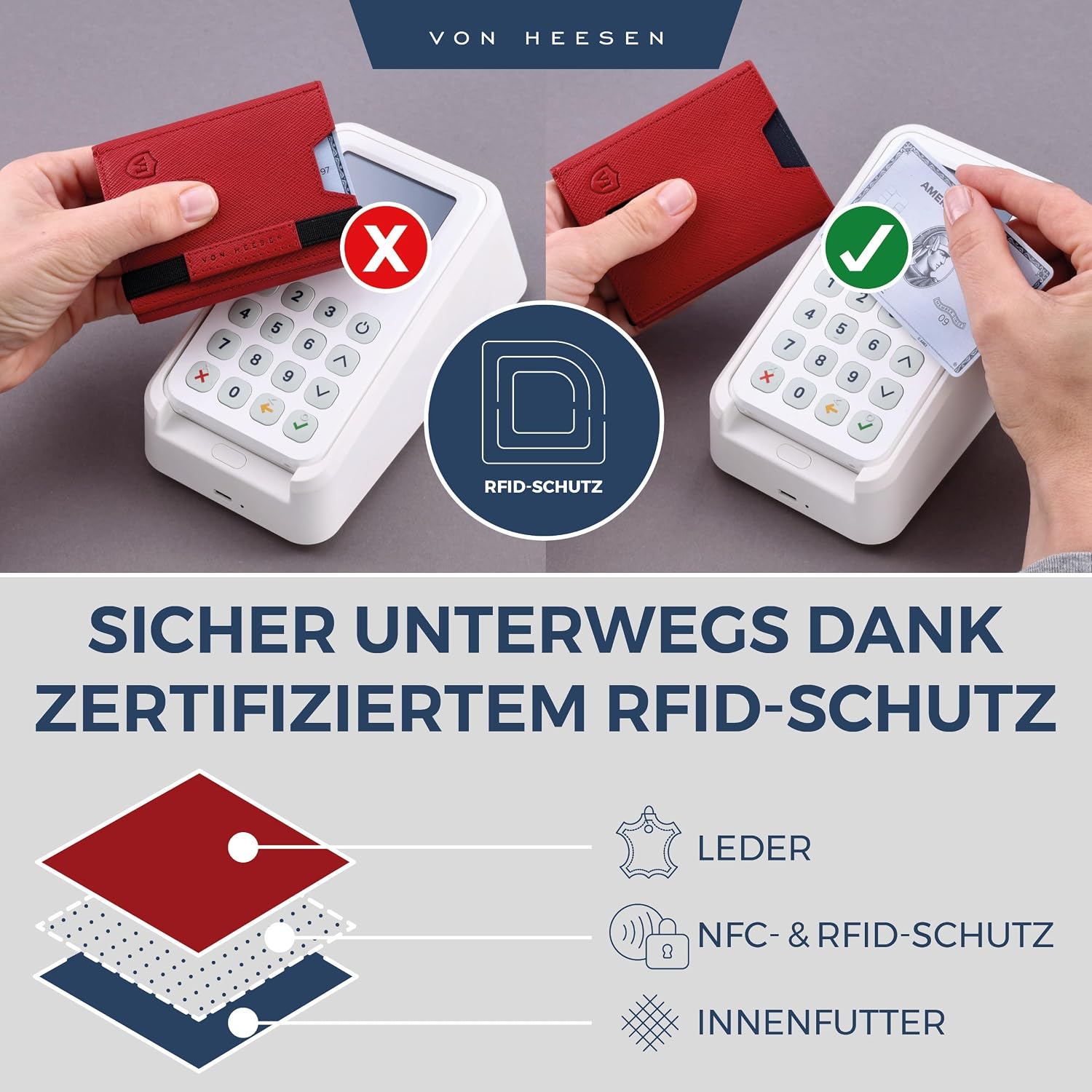 Detalle de VON HEESEN Leder Slim Wallet Kartenetui 9x7 cm