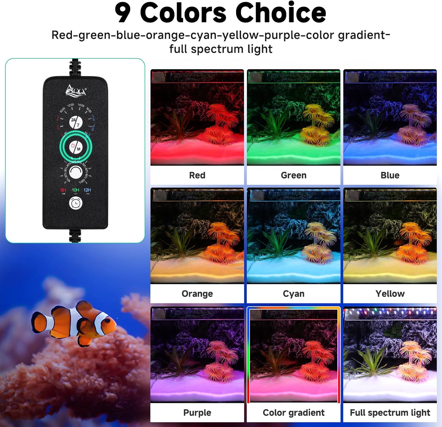 Detalle de AQQA LED Aquarium Light, 12W Full Spectrum with 24/7 Mode and Extendable Bracket