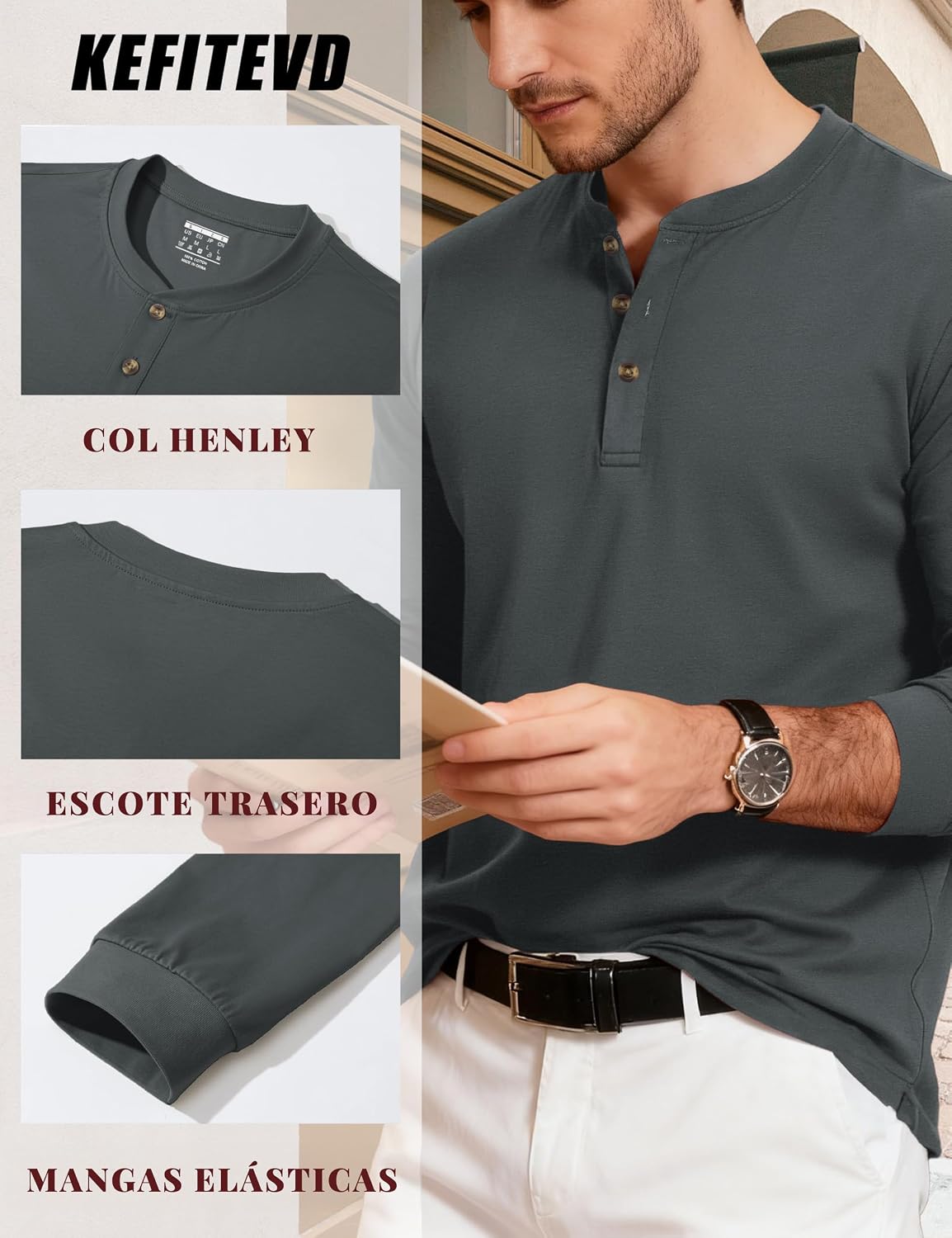 Thumbnail 4 de KEFITEVD CAV-690-DE Henleyshirt voor heren van katoen met lange mouwen
