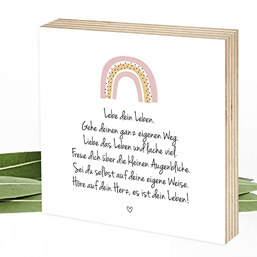 Detalle de Wunderpixel® Holzbild „Lebe Dein Leben“ mit Regenbogen aus Birkenholz, 15 × 15 × 2 cm