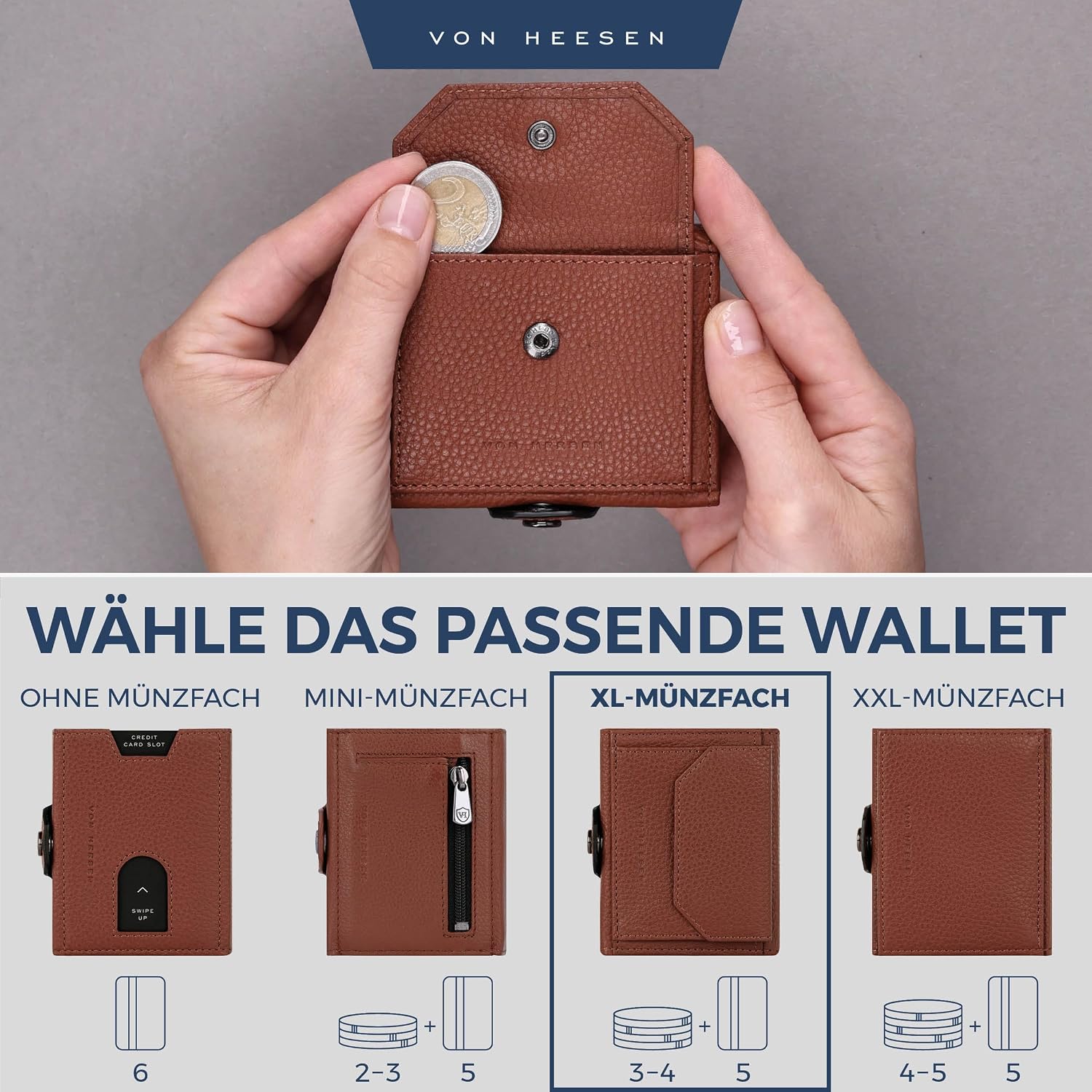Detalle de VON HEESEN Slim Wallet – RFID-Schutz, XL Münzfach und echtes Leder