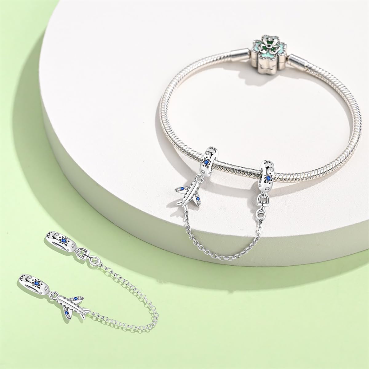 Thumbnail 2 de 925 Sterling-Silber Sicherheitskette/Charm-Clasp mit Herz & Silikon-Stopper für Charm-Armbänder