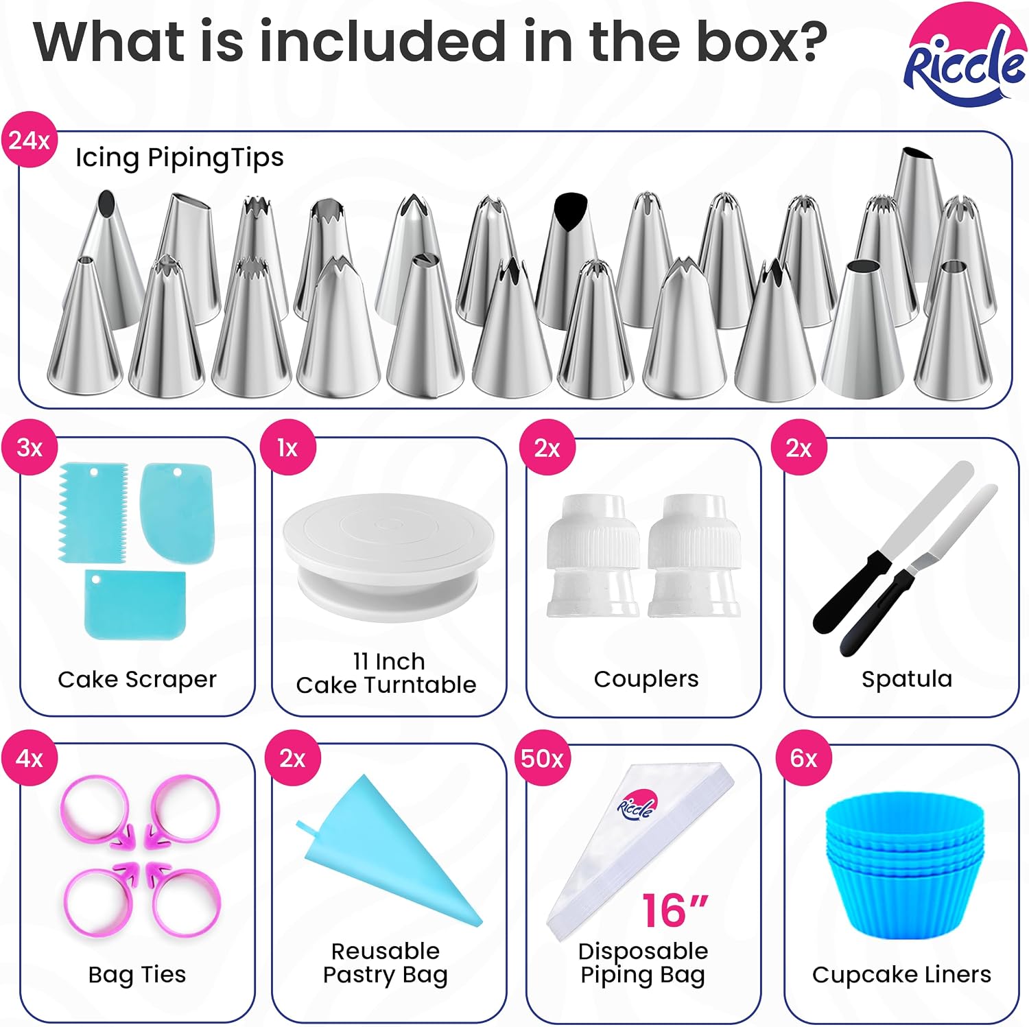 Detalle de Riccle 94-Piece Cake Decorating Kit with Cake Turntable (Piping Tips, Bags, Spatulas & Scrapers)