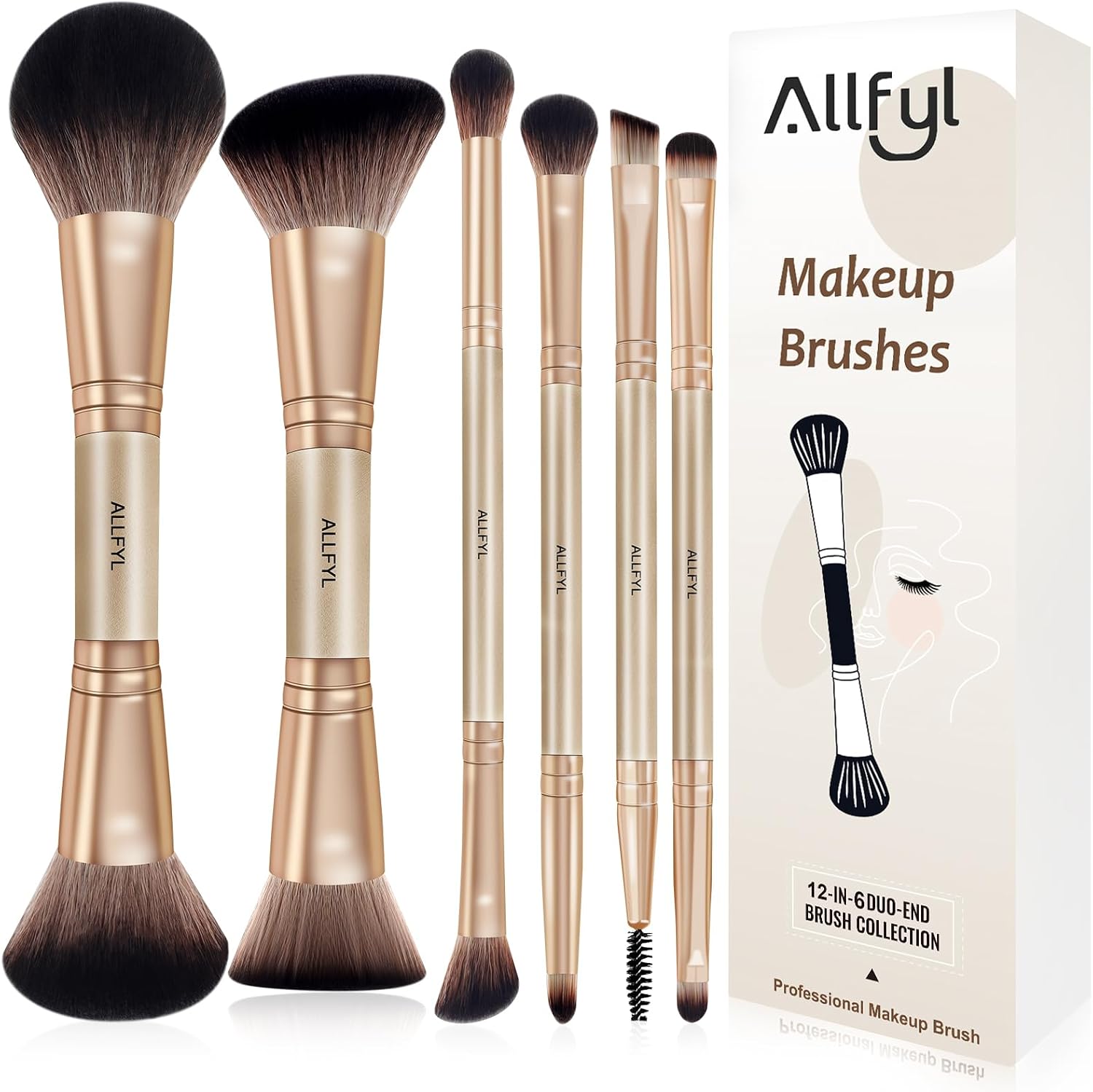 Detalle de ALLFYL Set 6 Pennelli Doppi Trucco Professionali Champagne: kit tutto-in-uno per viso, occhi e labbra