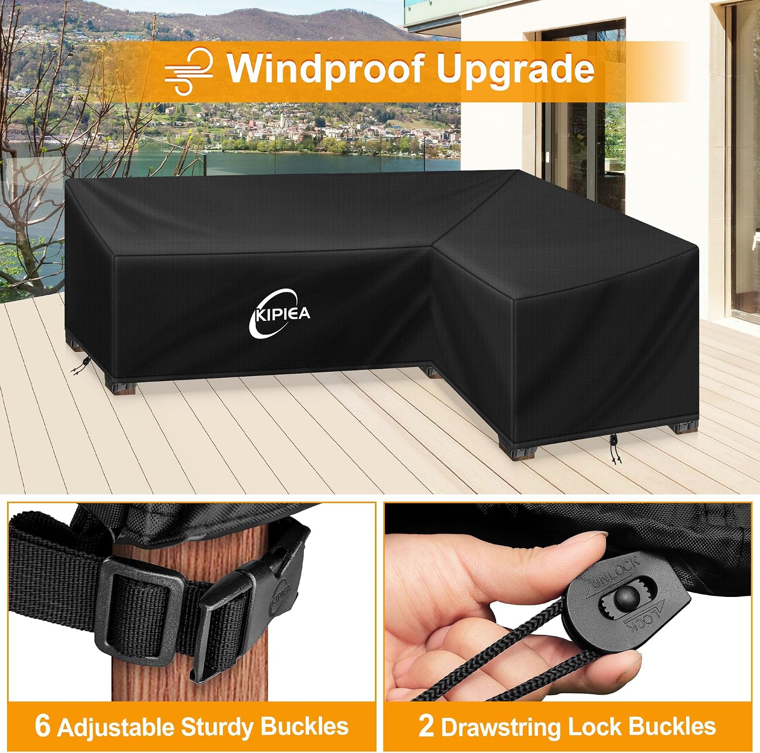 Detalle de Kipiea L Shaped Garden Furniture Cover: Waterproof 420D Oxford, Windproof & UV-Resistant for Outdoor Corner Sofas