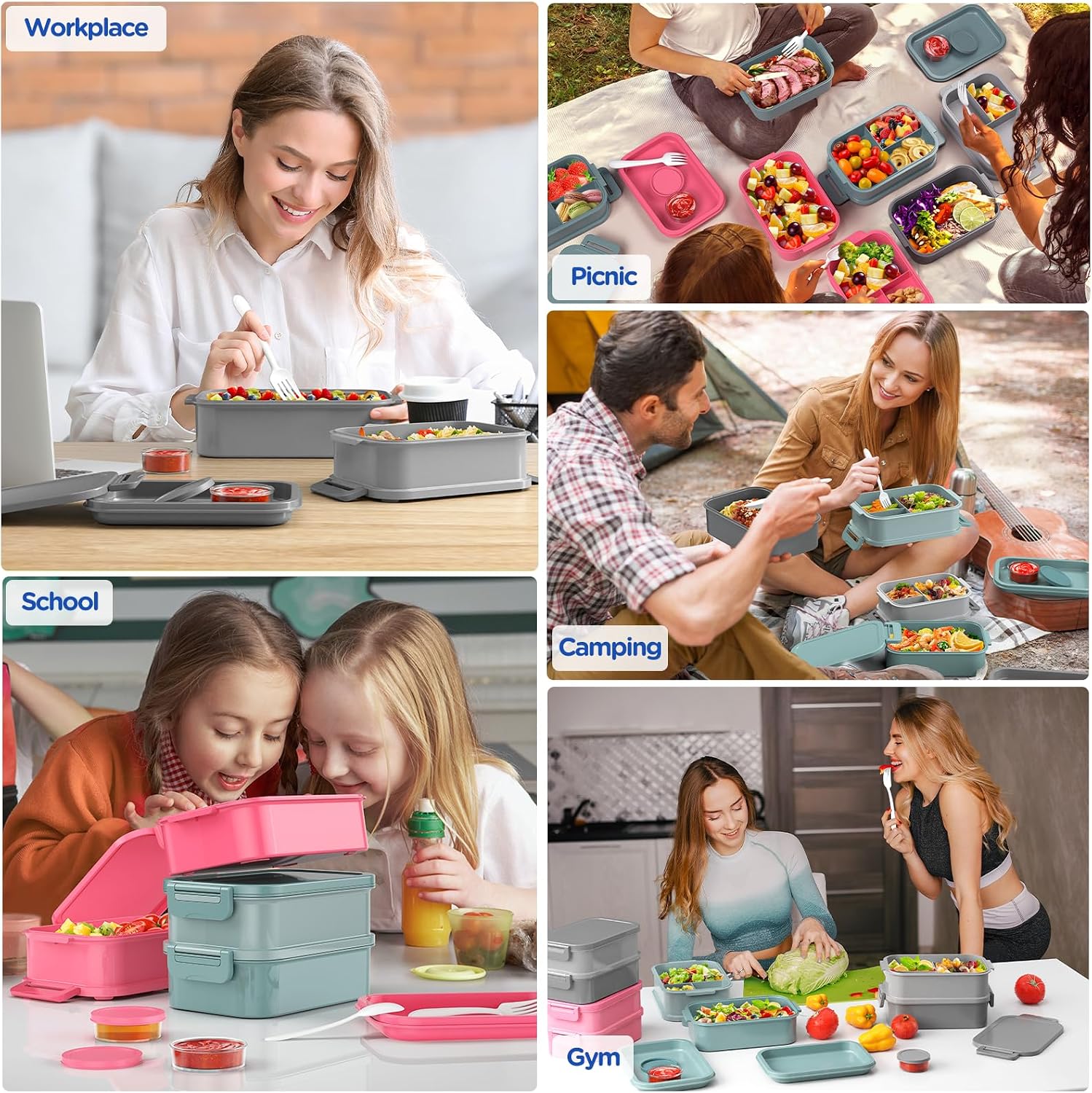 Detalle de WayEee lunchbox voor volwassenen, 2130 ml, 3 vakken, lekbestendig, groen