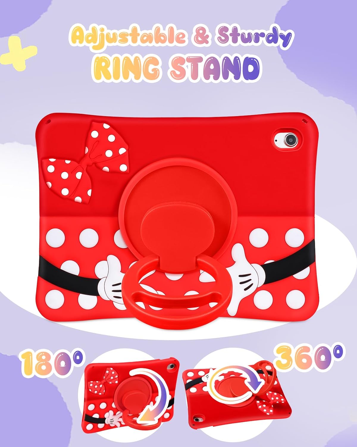 Detalle 2 de Kokaade for iPad (A16) 11th Gen 11-Inch Case 2025 – Soft Silicone Cartoon with Shoulder Strap and Rotating Stand (Red)