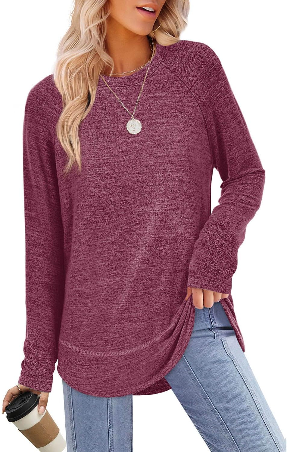 Detalle de Aokosor Ladies Long Sleeve Tunic Top with Curved Hem