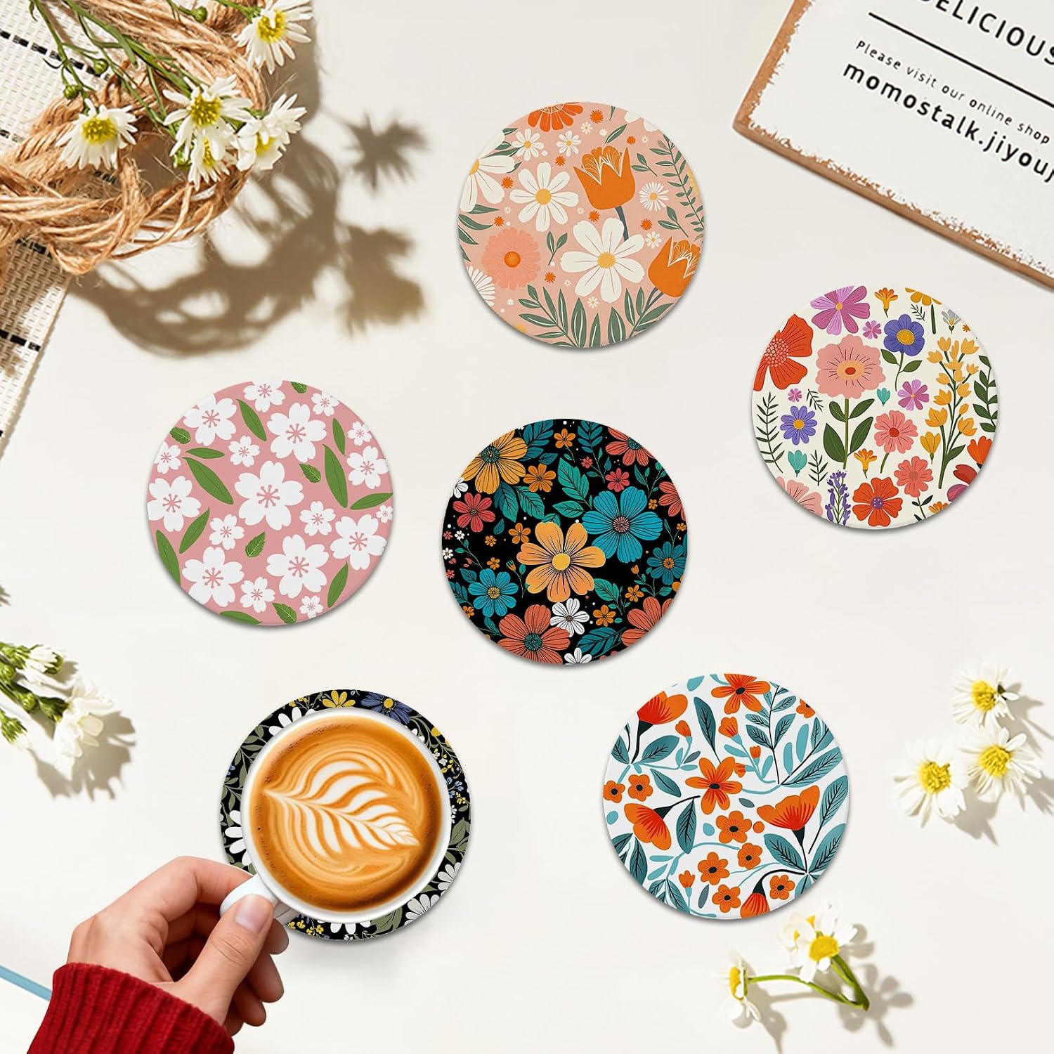 Thumbnail 6 de Six Flower Ceramic Coasters with Holder