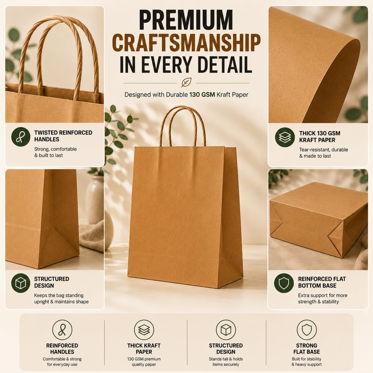 Detalle 2 de HURUC 100 pcs Brown Paper Bags with Handles (130GSM kraft), small gift carrier bags for parties & everyday use (18x24x8cm)