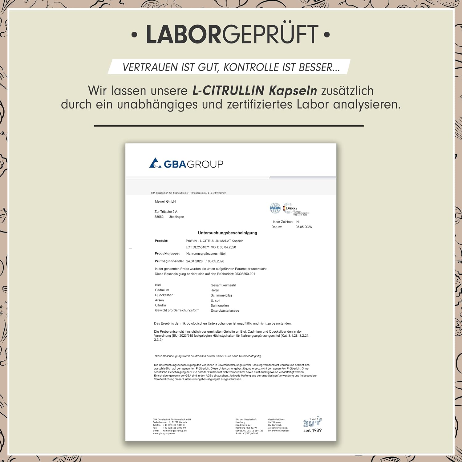 Detalle de L-Citrullin-Malat Kapseln 360x – 3000 mg täglich, vegan & laborkontrolliert