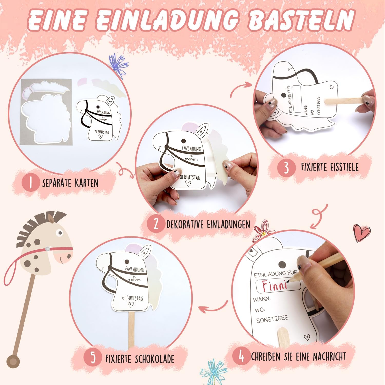 Thumbnail 3 de KKSJK Einladungskarten Pferde Geburtstag 15er Set