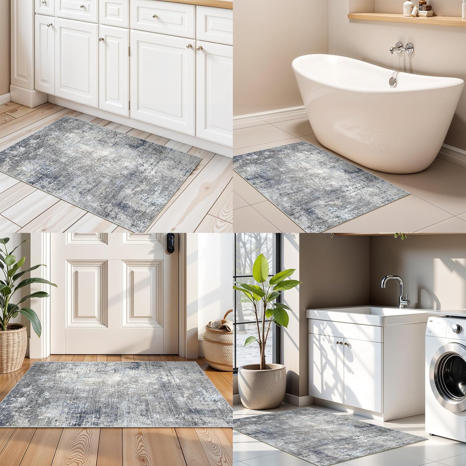 Thumbnail 2 de Kitchen Rug Set 3 Piece (Blue Grey) – Washable Non Slip Runner and Mat Set for Entryway, Bathroom, Hallway