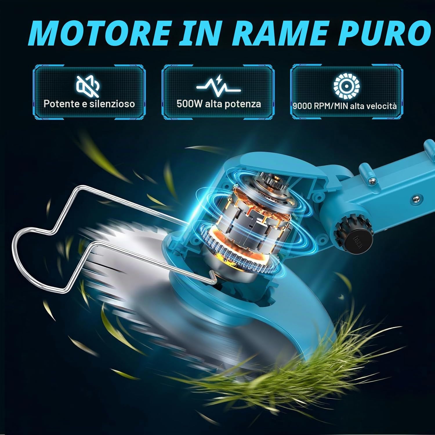 Detalle 2 de Decespugliatore a Batteria 21V 500W con Kit 2 Batterie e 4 Lame: pratico, versatile e pieghevole