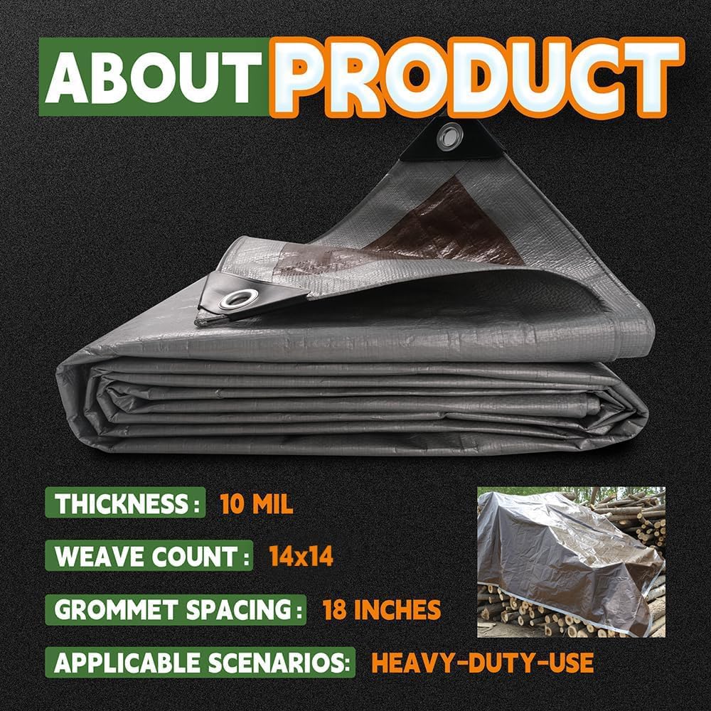 Detalle de RAINDEWAY 6x8 Feet Heavy Duty Waterproof Tarp (10Mil) with Metal Grommets and Reinforced Edges