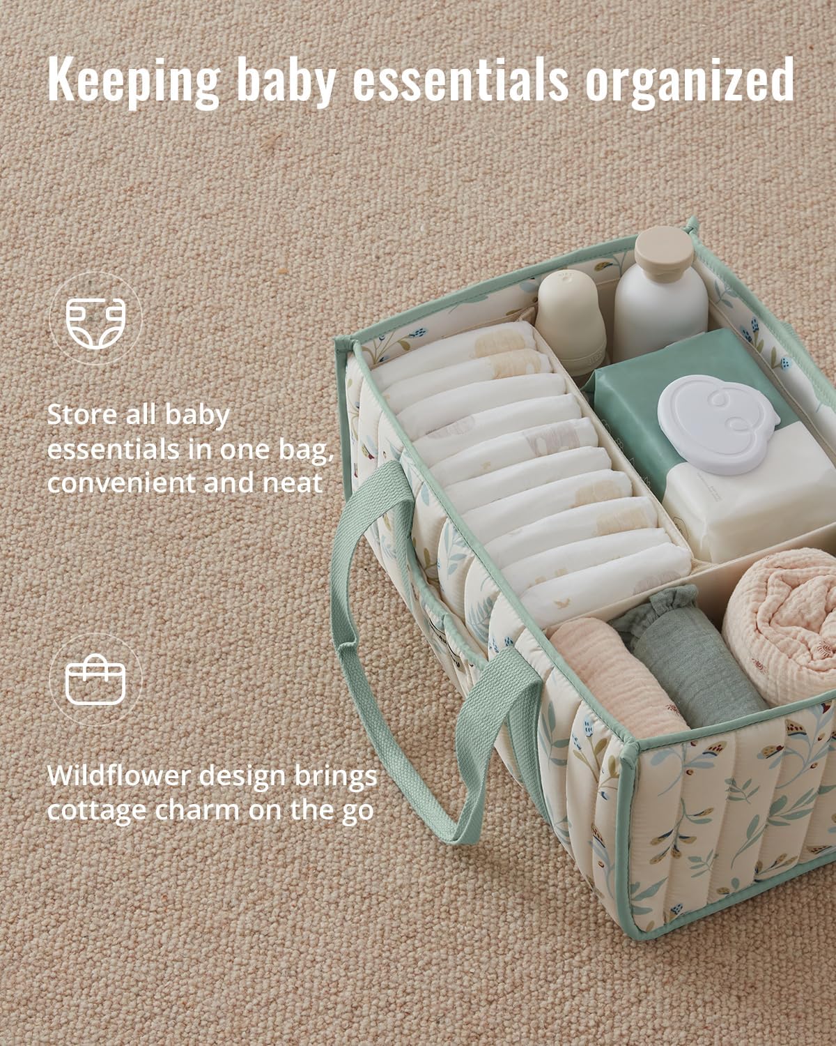 Detalle 2 de Blissful Diary Leaf Diaper Caddy, Quilted Baby Organizer with Removable Dividers